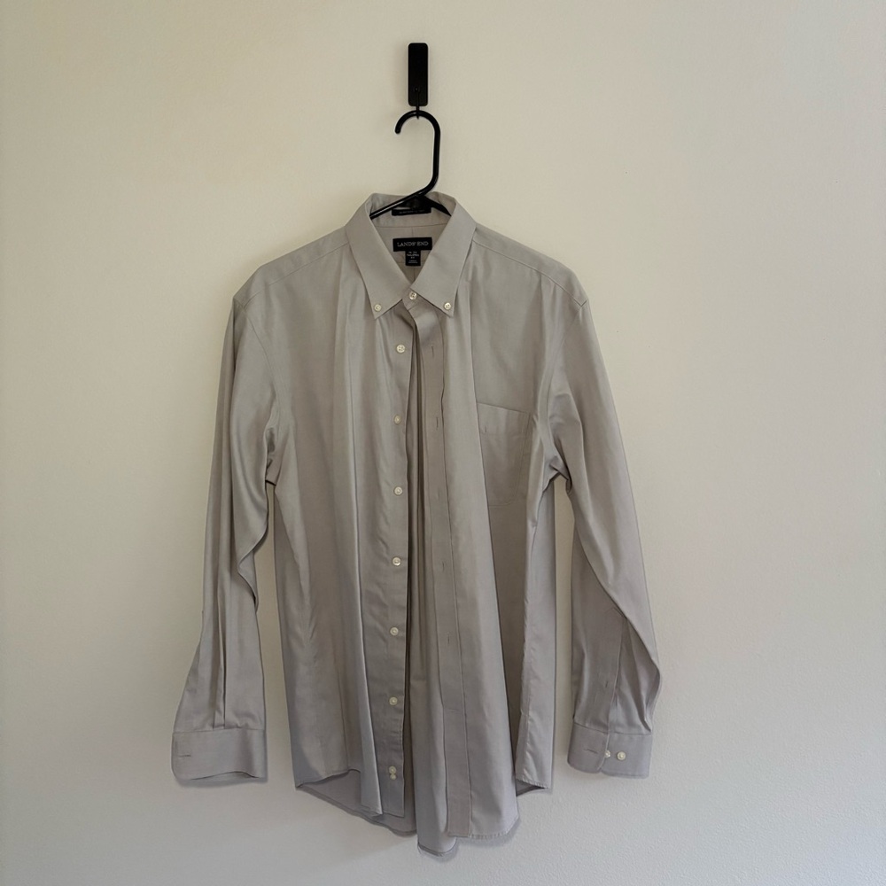 Lands End Men’s Light Gray No Iron Supima Pinpoint Tailored‎ Fit Long Button Up